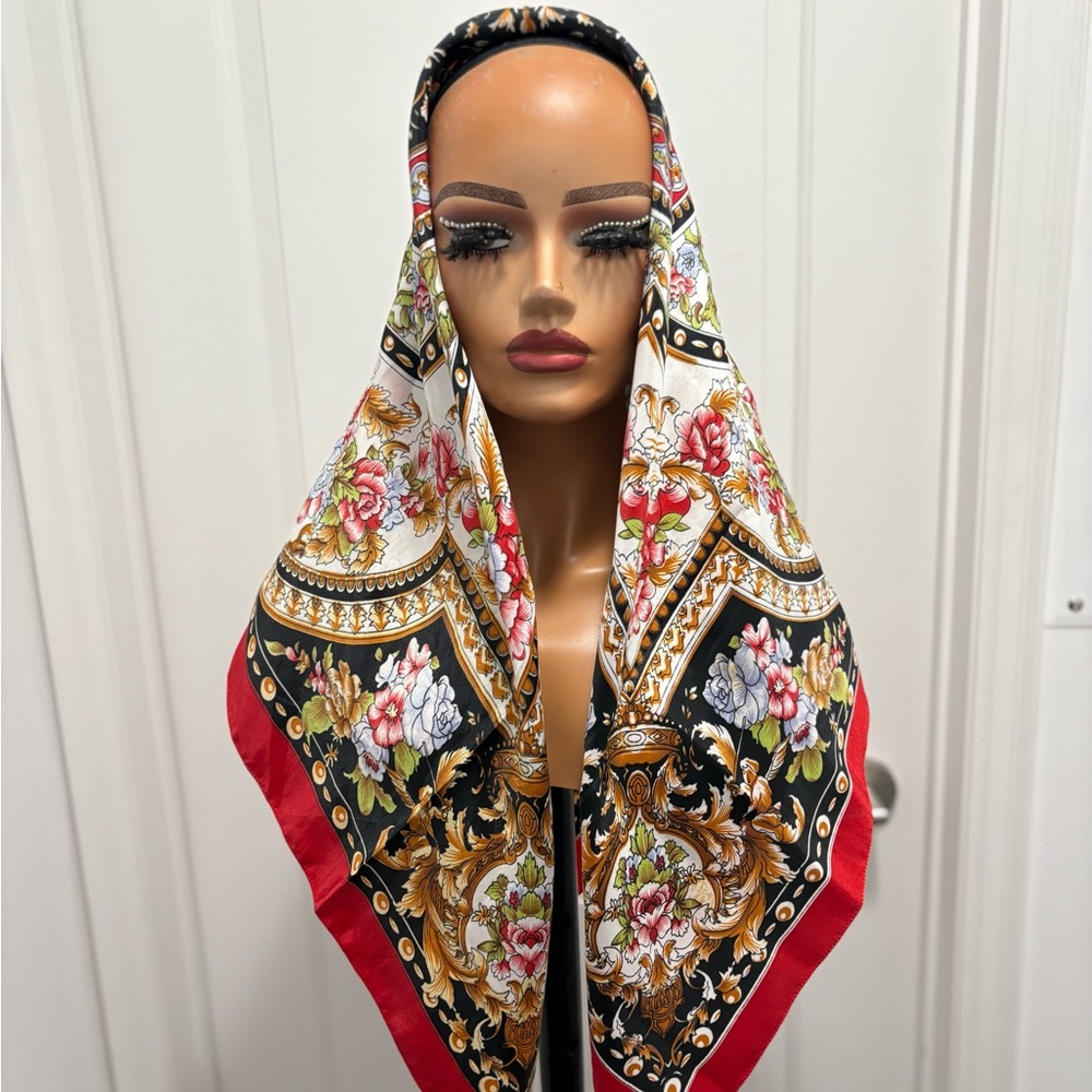Vintage Red and Black Medallion Silk Scarf